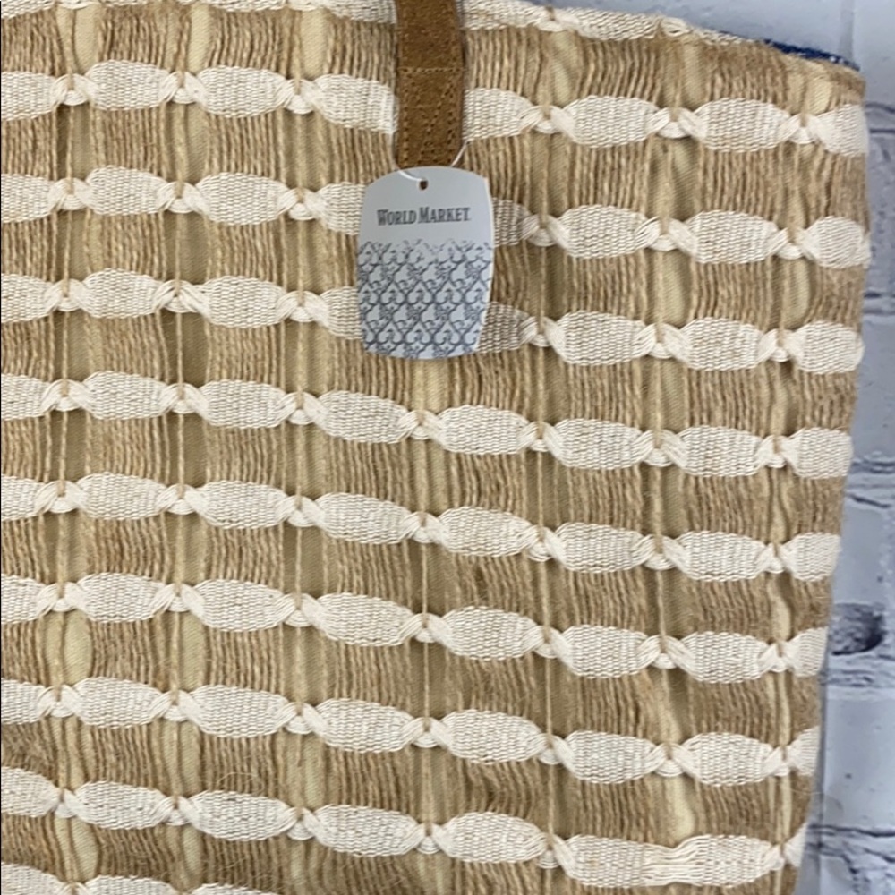 World Market Embroidered Jute , canvas with leather handles Reusable Tote - Picture 2 of 5